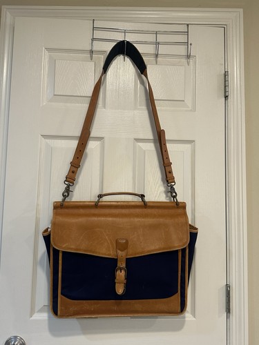 L.L.BEAN Vintage Ll Bean Navy Waxed Canvas & Leather Briefcase With Strap