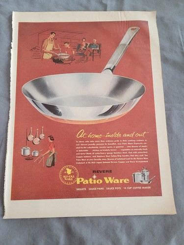 1956 VTG Original Magazine Ad Revere Ware At Home Inside & Out Patio Ware Dishes