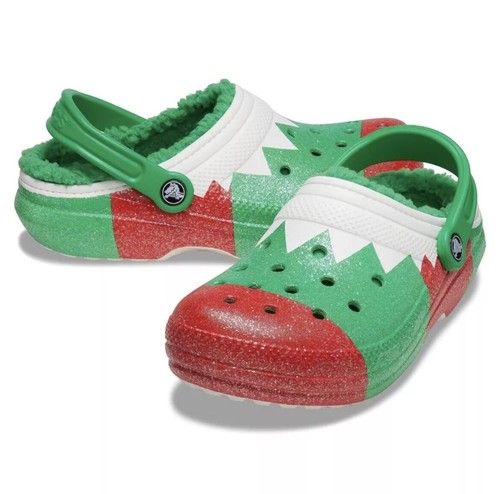LI NING Crocs Classic Lined Holiday Clogs Christmas Elf Green Red Men Sz 5 Women Sz 7