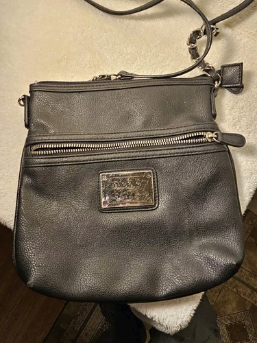 AWAY Nicole Miller Black Crossbody Handbag Purse Silver Chain Zipper Leather