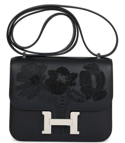 HERMÈS Hermes Constance 18 Dancing Flowers Black Embroidered Palladium Hardware Bag