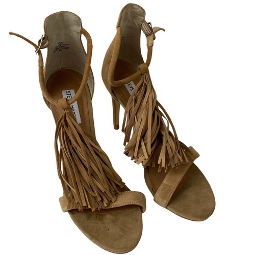 Sandali Steve Madden SASHI beige nudi scamosciati nappa frange cinturino a T tacco misura 10