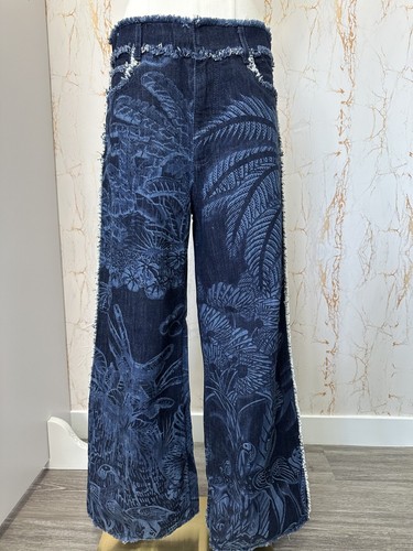 EC1 CHRISTIAN DIOR BLUE FLORAL DENIM JEANS WIDE LEGS 012A05A3985  SZ 38