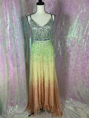 Mac Duggal Sequined Pastel Rainbow Ombré Gown AUTHENTIC NWT