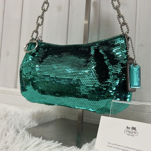 Borsa Coach Poppy catena tracolla swing pochette verde paillettes