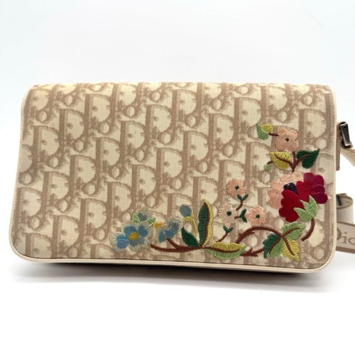 Auth Christian Dior Trotter Flower Embroidery Shoulder Bag Ivory From Japan