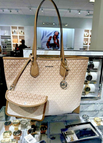 Michael Kors Eva Women Large MK Charm Shoulder Tote Bag with Pouch (Husk)