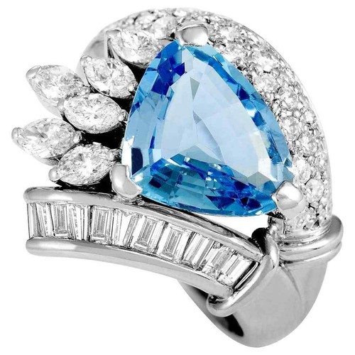 5.60TCW Simulated Trillion Cut Aquamarine & Multi Cut White Sapphire Silver Ring