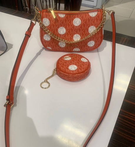 Michael Kors Carmela SM Polka Dot Pochette Crossbody Bag+Circle Pouch Red Clay