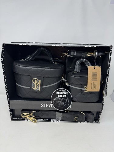 Steve Madden Multi QUILTED BOX Bag +Quilted Micro Bag 2 Piece Gift Set Black Nib