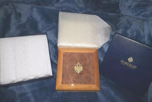 Original Fabergé Wooden Burl Wood Jewelry Box Since 1882 + Cloth   Austria  NEW!