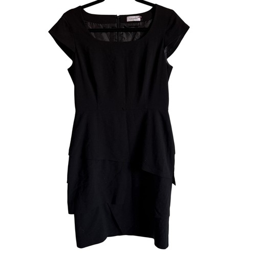ESSENTIALS Calvin Klein Black Cap Sleeve Tiered Sheath Dress Size 10 Career Office LBD