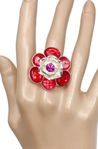 Candy Apple & Fuchsia Rhinestones Flower Rose Stretch Party Casual Ring