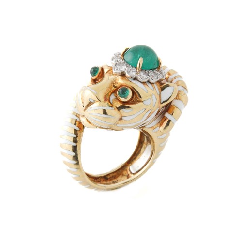 David Webb Emerald & Diamond White Enamel Tiger Cocktail Ring 18k G PLATINUM