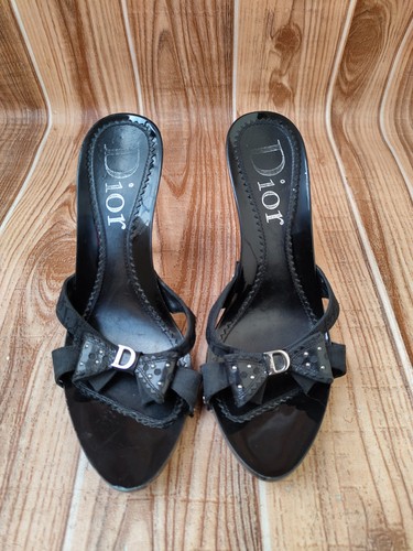 Christian Dior Mules Vintage Canvas Bow Accent Slides Black Sandals EU 38 US 7.5
