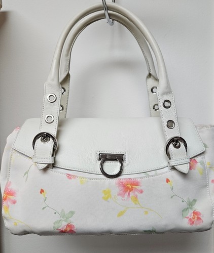 VALENTINO Salvatore Ferragamo Gancini Beige Leather Floral Fabric Shoulder Handbag Purse A