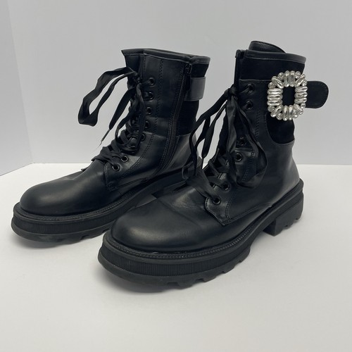 FASHION NOVA SHOES Mata Shoes Daisy Ankle Combat Boots Black Rhinestone Buckle Women's Size US 10