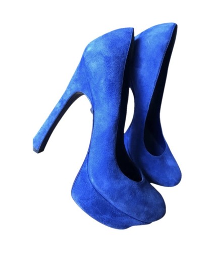 CHANEL €750 YVES SAINT LAURENT YSL Electric blue suede pumps Gisele Platform heels 38 8