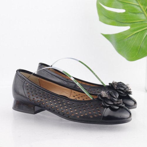 ARA SHOES Ara Women's Blossom Flat Size 8 Flower SlipOn Dress Shoe Black Leather Laser Cut