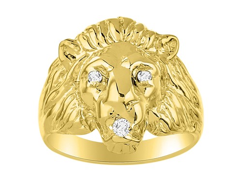 Lion Head Ring set with Genuine Diamonds in Mouth and Eyes set in Yellow Gold P