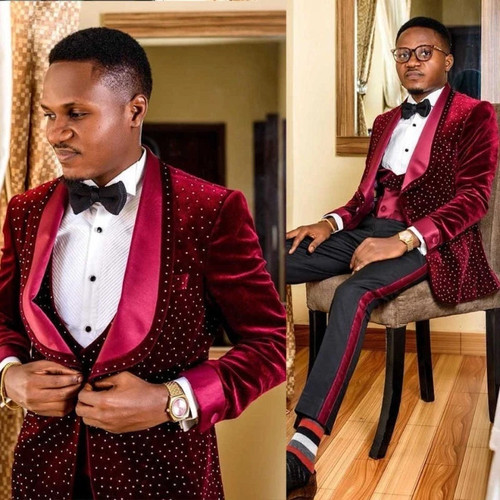 PEAK Men's Luxury Pearls Velvet Suits for Wedding Business Banquet Jacket Pant 2 Pcs