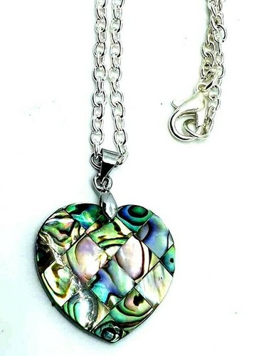 CHROME HEARTS Collana Ciondolo Cuore Conchiglia Abalone Placcato Argento Riflettente 18" Rolo Chain Nuova