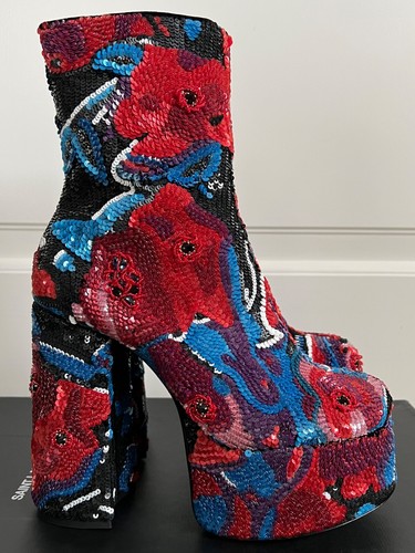 NIB Saint Laurent YSL Billy Bead Embroidery Platform Runway Ankle Boots 38 $6000