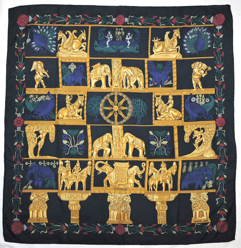? HERMÈS Vintage Silk Scarf “Torana” – 35" Annie Faivre INDIA Temple Elephant