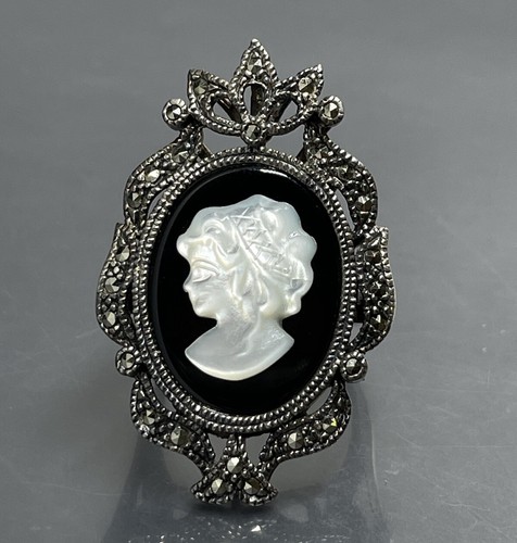 Vtg Cameo Size 6.5 Ring Sterling 925 Onyx Marcasite Black Onyx Signed CL Tested✨