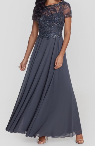 XSCAPE Women's Gray Beaded Chiffon Sheer A Line Gown Dress Petite Size 10P