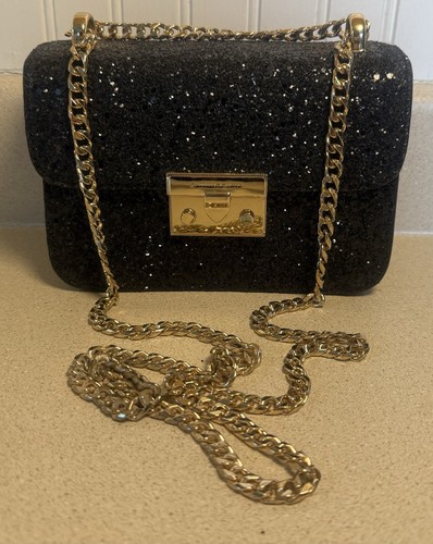 CHARLES & KEITH Black Glitter Purse G Tone Chain Strap Pre owned Good Cond