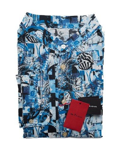 Kiton $1 095 Blue White Graphic Print Band Collar Cotton Shirt (39 eu) 15.5 US