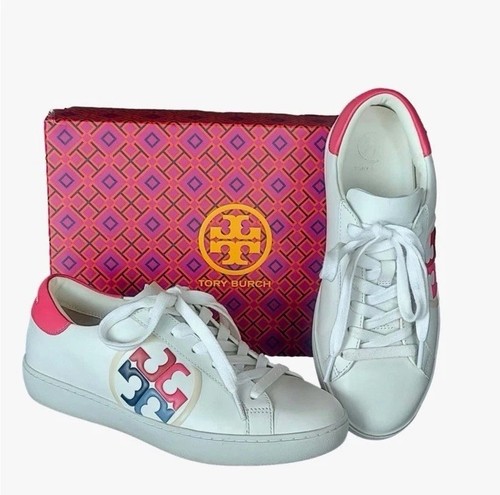 Tory Burch Leigh T Logo Sneakers Pelle di Vitello Bianco Neve Azalea Luminosa W US 7 5