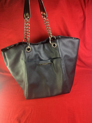 STEVE MADDEN EUC XL BLACK TOTE BAG chain strap floral lining VEGAN faux leather
