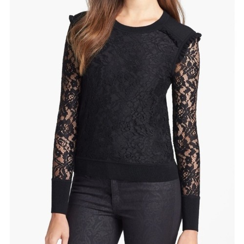 Maglione girocollo Tory Burch Dina 100% lana merino nero maniche pizzo taglia M us intime ottimeioni