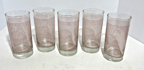 MCM ANCHOR HOCKING PEACH BANDED STRIPED TUMBLERS SET OF Five