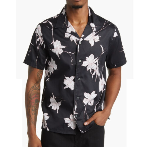 John Varvatos Collection Men's Short Sleeve Danny Floral Sketch Camp Shirt Blue