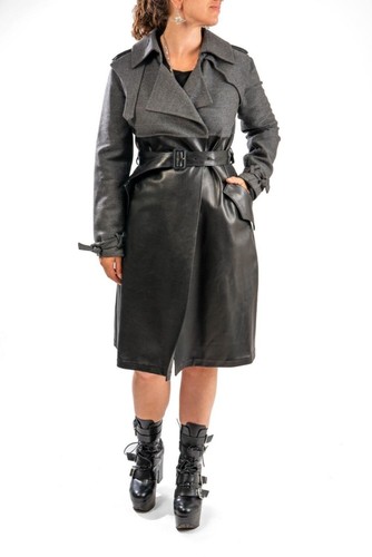 SAINT LAURENT (YSL) YSL Yves Saint Laurent Giacca cappotto cintura aperta in pelle nera e lana vergine 38