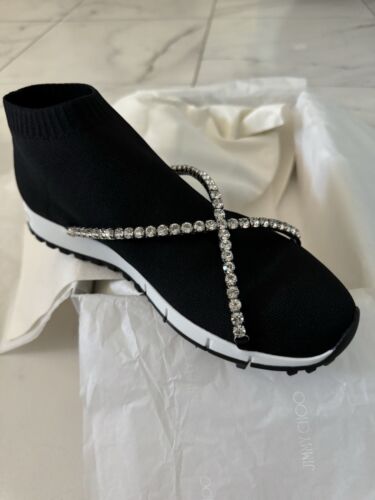 JIMMY CHOO COUTURE Jimmy Choo Black Knit Fabric Crystal Embellished Torri Sneakers EU 38 US 7