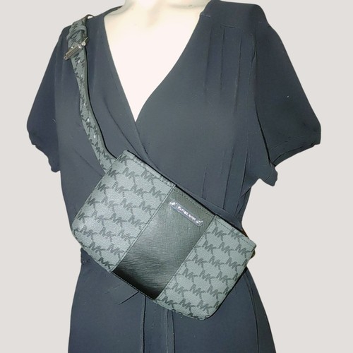 Borsa Cintura L XL Michael Kors Firma Logo Tracolla Cinghia Regolabile Nero Grigio