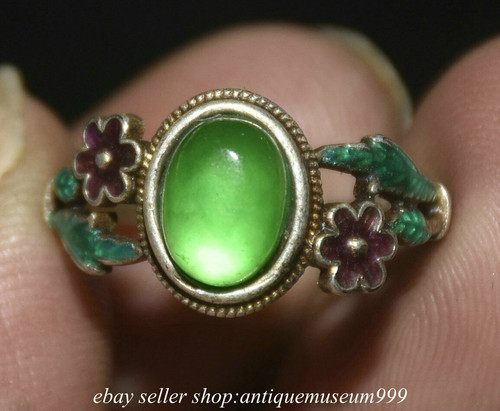 1" Old Chinese Silver Inlay Green Jade Dynasty Palace jewelry Flower finger ring