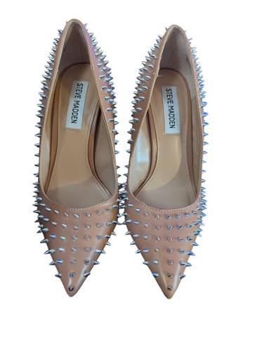 Steve Madden Vala Nudo Beige Tan Argento Spike Borchie Tacco Alto Donna Taglia...