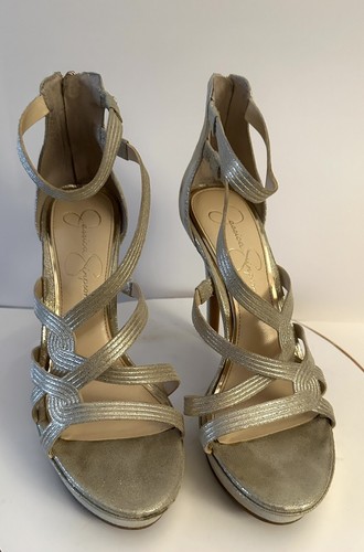 Sandali Jessica Simpson Bellanne oro lucido tacco a spillo plateau 7 5 puliti