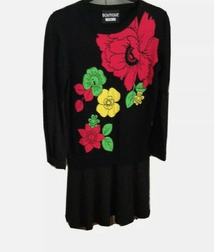 Abito Designer Boutique Moschino Nero Maglia Floreale L S 40 Nuovo senza etichette