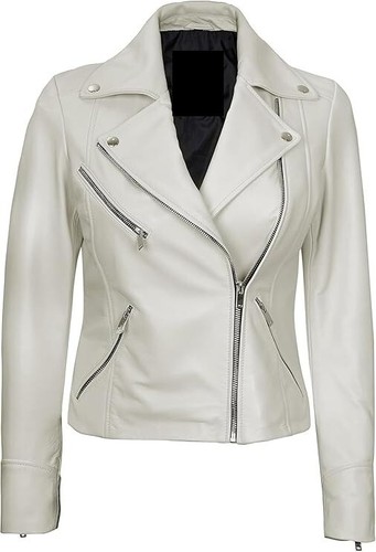 OFF WHITE Women's Biker Jacket–Café Racer Genuine Lambskin Modern Fit Fashion Jacket A26