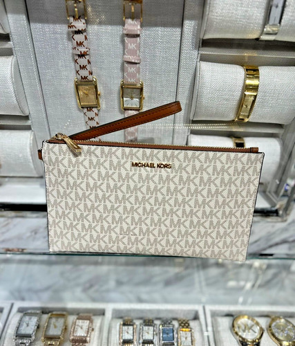 Michael Kors Jet Set Portafoglio Donna Grande Logo Top Zip Pochette Polso Vaniglia