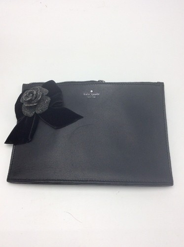Kate Spade madison ave black leather pouch with jeweled rose US1