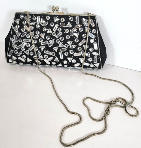 KATE SPADE Vintage Kate Landry Black Clutch with Chain Strap Clear Rhinestone style accents