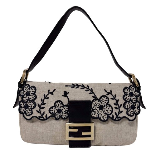 FENDI Baguette Raffia Flower Embroidered Shoulder Bag