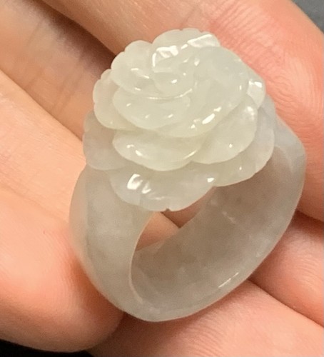 Certified Icy Natural Burma A JADE Jadeite Rose Flower RING USA. 7.75 # 418028
